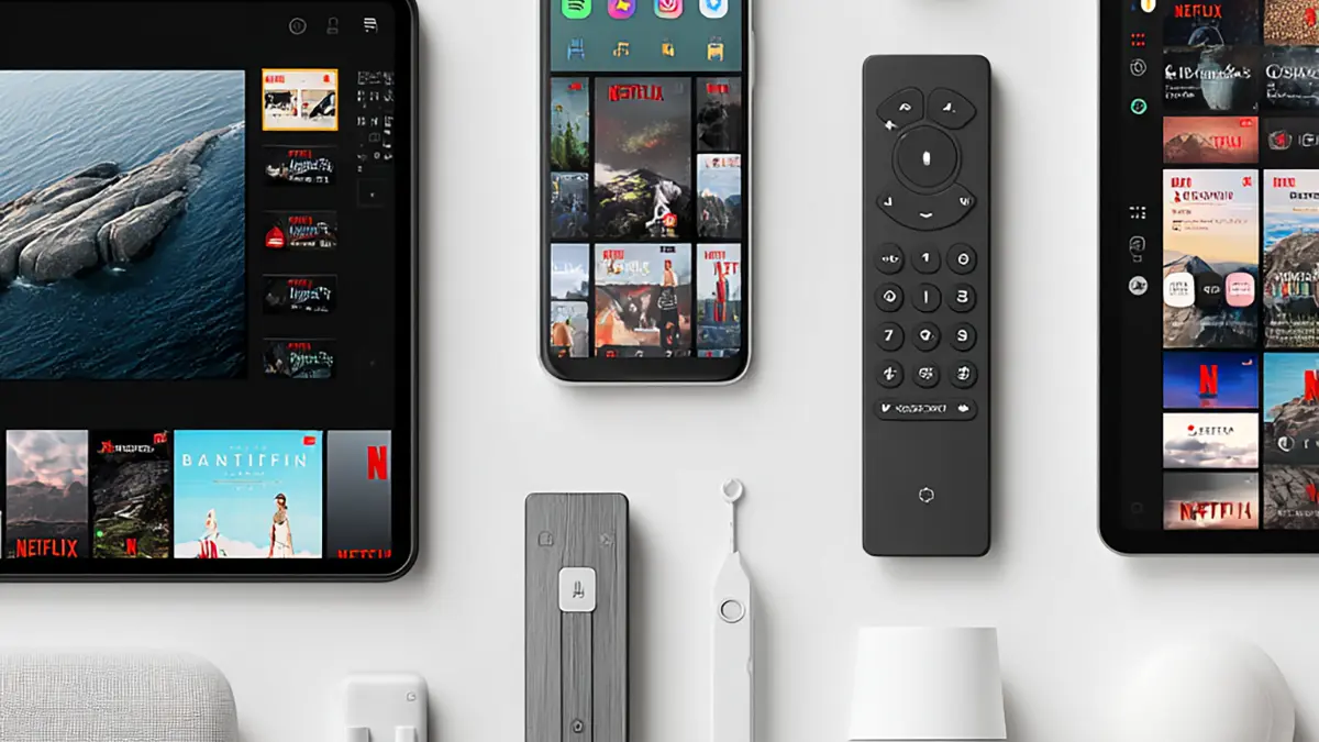 En TV, en mobil och en surfplatta bredvid varandra som visar samma IPTV-app