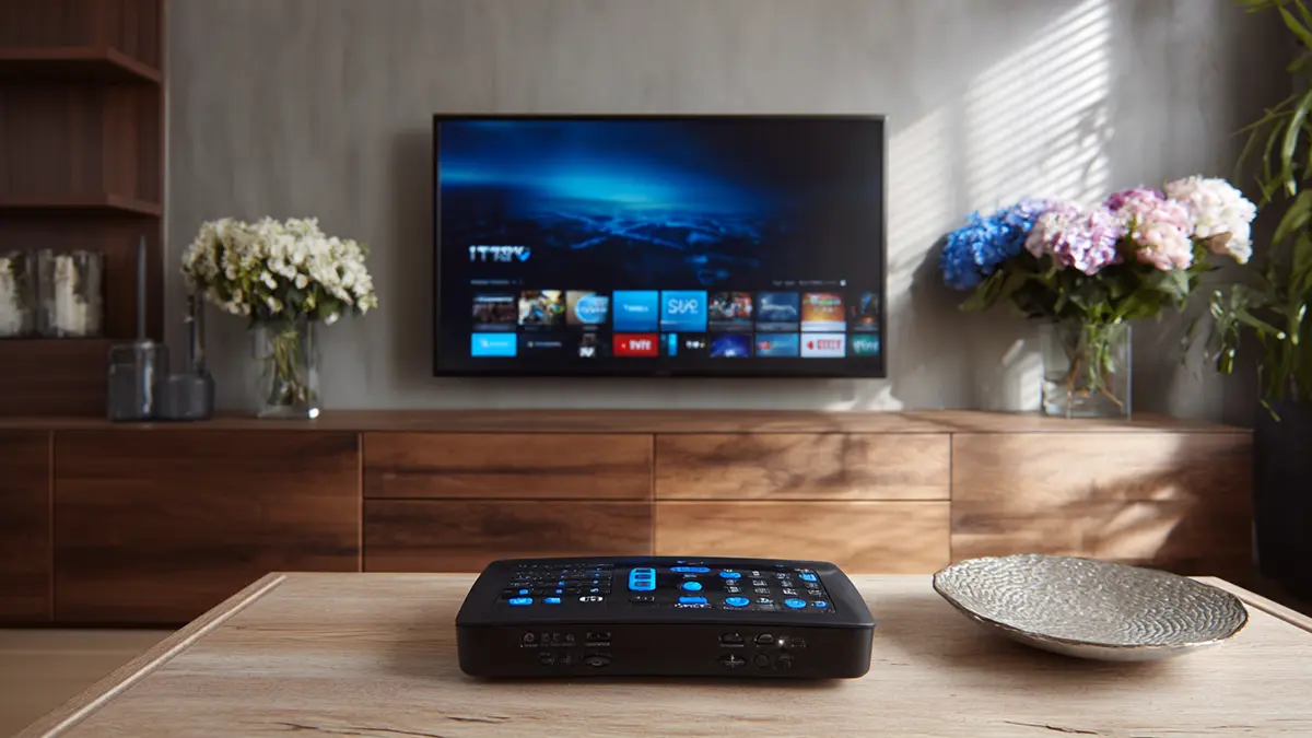 IPTV-box inkopplad bakom TV:n med HDMI-kabel till TV:n och nätverkskabel till routern