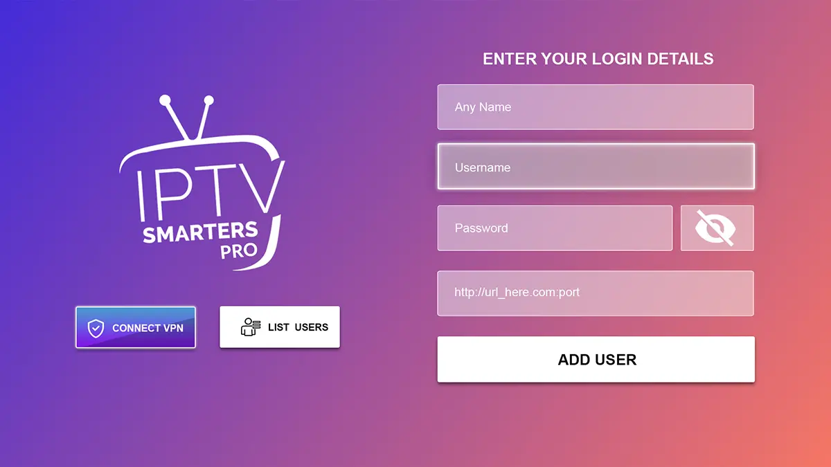 Inloggningsskärmen i IPTV Smarters Pro med fält för namn, användarnamn, lösenord och serveradress