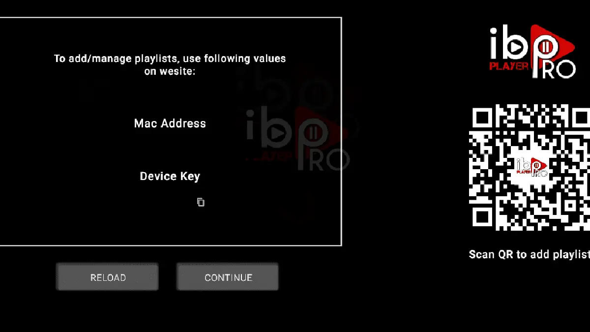Smart IPTV-appens startskärm där mac-adressen visas